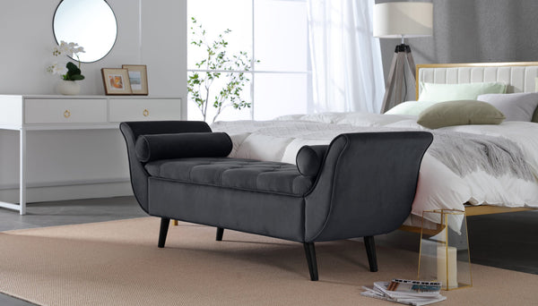 English Elm Vintage Velvet Tufted Storage Bench Mid Century Button Seat Entryway Bedroom Footstool Black+ Gray W2795P428652