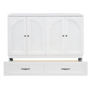 English Elm Full Size Murphy Bed Rattan Cabinet with Storage Drawers and Gold Hardware White N708S00009K