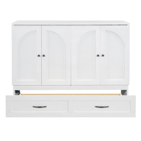 English Elm Full Size Murphy Bed Rattan Cabinet with Storage Drawers and Gold Hardware White N708S00009K