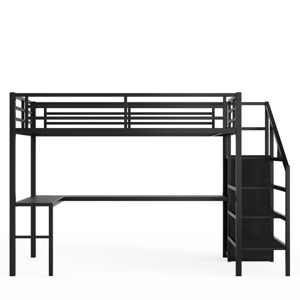 English Elm Twin Xl Metal Loft Bed with Stair Storage Shelves Sturdy Steel Frame for Dorms W1580S00063