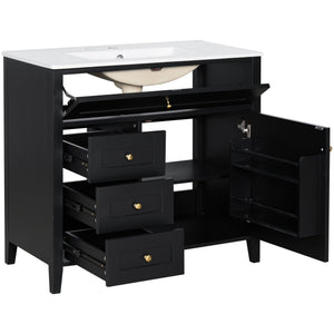English Elm 36-Inch Black Bathroom Vanity With Sink – Modern Design, 3 Drawers, Adjustable Shelf For Storage N725P350821B