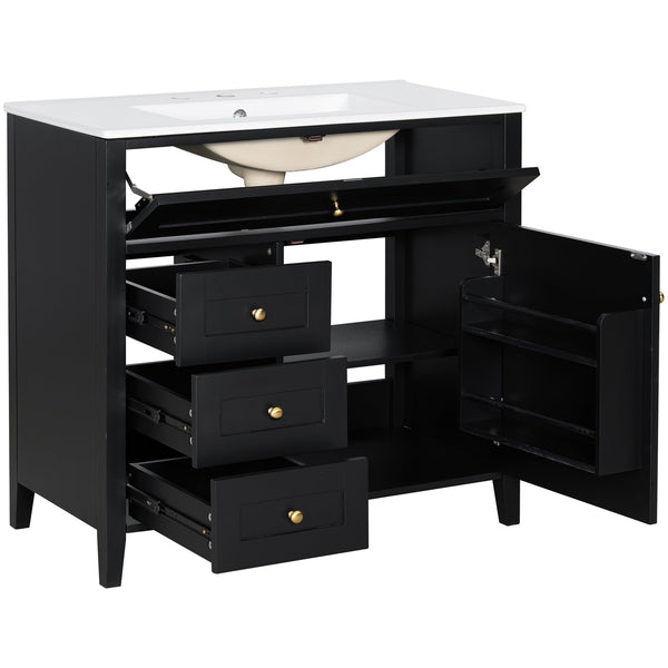 English Elm 36-Inch Black Bathroom Vanity With Sink – Modern Design, 3 Drawers, Adjustable Shelf For Storage N725P350821B