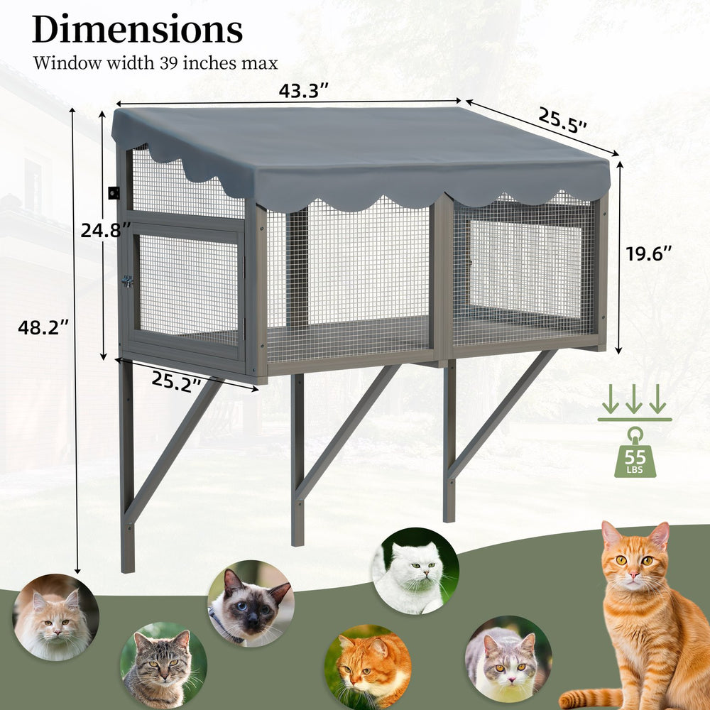 English Elm Cat Catio Window Box Enclosure Solid Wood Frame Mesh Panels Weatherproof Outdoor Perch W3166P354629