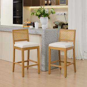 English Elm Full Solid Wood Rattan-Back Bar Stools Set Of 2 - Stylish Beige Cushions For Rustic Kitchen & Café W1143P384367