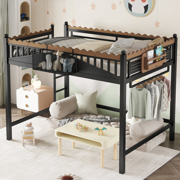 English Elm Full Size Metal Loft Bed with Built-in Shelving for Teen or Studio Bedroom W1580S00381