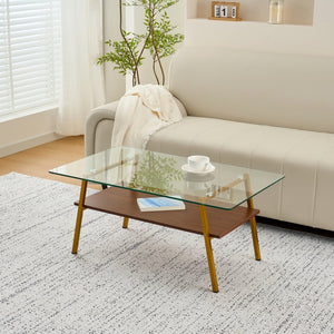 English Elm Rectangle Coffee Table - Modern Tempered Glass Top With Gold Metal Legs For Chic Living Room Style W241126033-GIGA