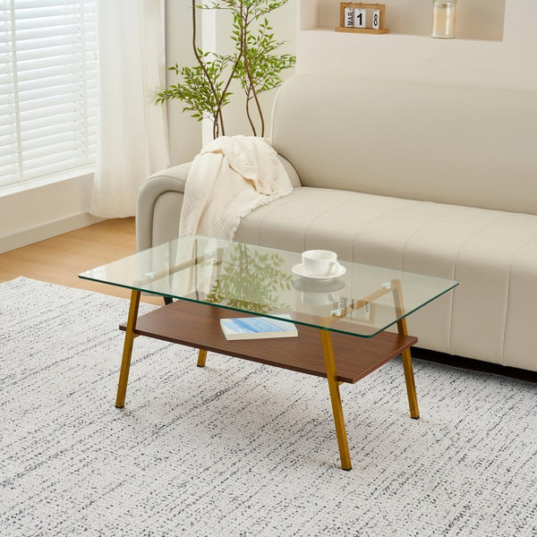 English Elm Rectangle Coffee Table - Modern Tempered Glass Top With Gold Metal Legs For Chic Living Room Style W241126033-GIGA