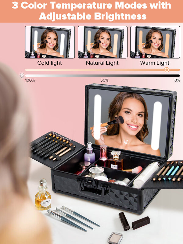 English Elm Portable Led Vanity Makeup Case Aluminum Travel Organizer with Mirror Lock Dividers W1550P163305
