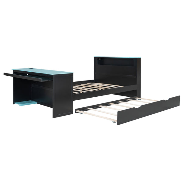 English Elm Full Size Wood Platform Daybed with Trundle Desk Rgb Led Lighting Gaming Bedroom Black+Blue LT000284AAC