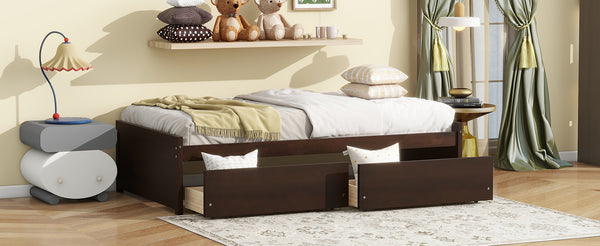 English Elm Twin Twin Size Bed with 2 Drawers Solid Rubber Wood Frame, Space-Saving Storage and Easy Assembly Espresso W504P313038