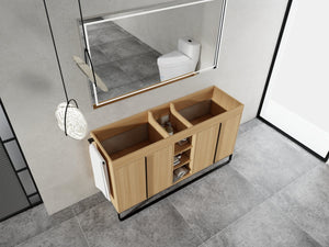 English Elm 60" Modern Freestanding Bathroom Vanity with 4 Soft-Close Doors, 3 Open Shelves, Towel Hanger, 8 Boxes W999P376886
