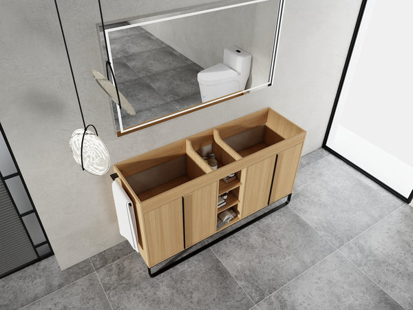 English Elm 60" Modern Freestanding Bathroom Vanity with 4 Soft-Close Doors, 3 Open Shelves, Towel Hanger, 8 Boxes W999P376886