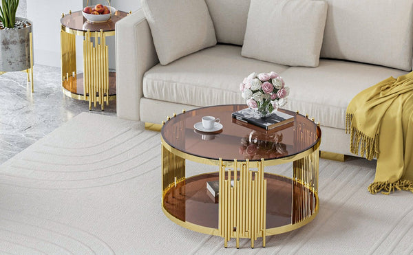 English Elm 31.5inch Modern Luxury Gold Coffee Table with Two-Tier Storage, Tempered Glass Top, Elegant Crown Design Dark Brown W1550P171485