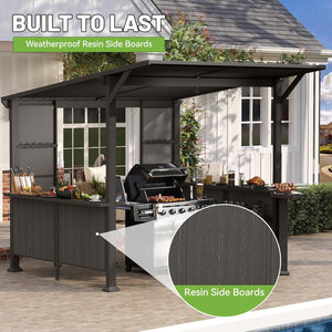 English Elm 9x10ft Hardtop Outdoor Grill Gazebo Galvanized Steel Canopy with Shelves for Patio Brown W1859S00181