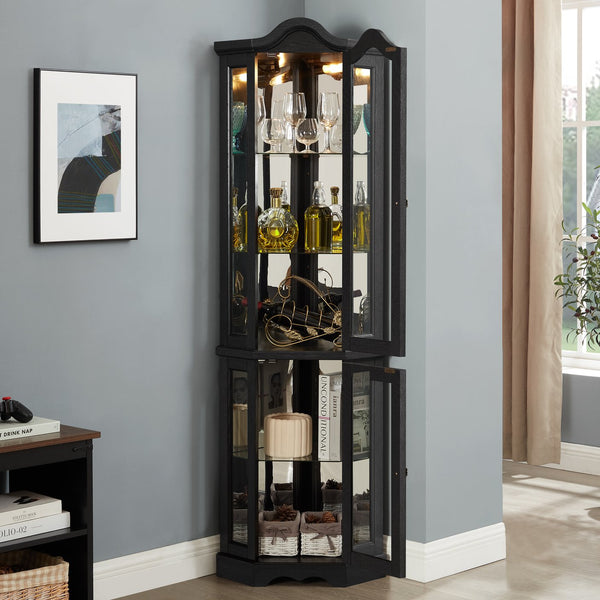 English Elm Lighted Corner Curio Cabinet With Adjustable Shelves & Integrated Lighting - Stylish Oak Display Solution W1758P300124