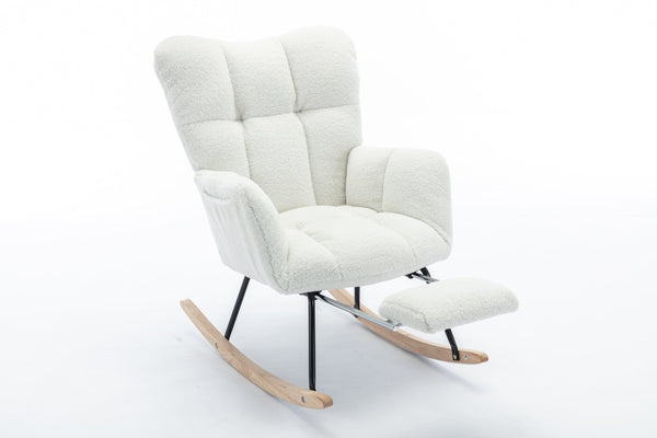 English Elm 067-teddy Fabric High Back Nursery Rocking Chair with Adjustable Footrest and Storage Pocket Ivory W527P420892