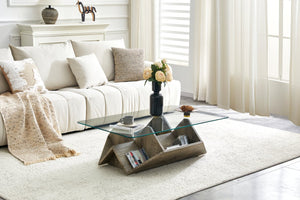 English Elm Tempered Glass Top Coffee Table with Carved Wood Grain Mdf Base and Open Storage W3875P387030