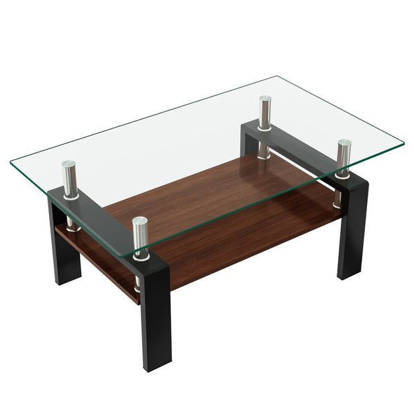English Elm Rectangle Coffee Table With Tempered Glass Top & Mdf Shelf | Modern Centerpiece For Stylish Living Rooms W241P181455-GIGA