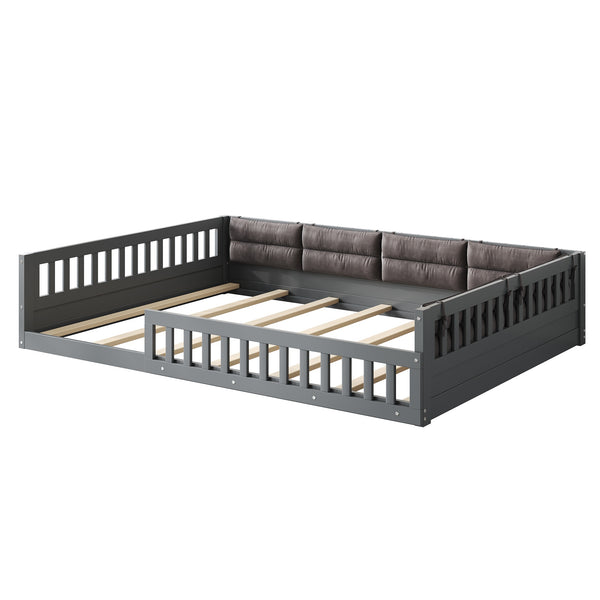English Elm Wood Full Size Upholstered Platform Bed with Guardrail and Head Pillow, Sleek Silhouette, Sturdy 600lb Capacity Gray WF323090AAE