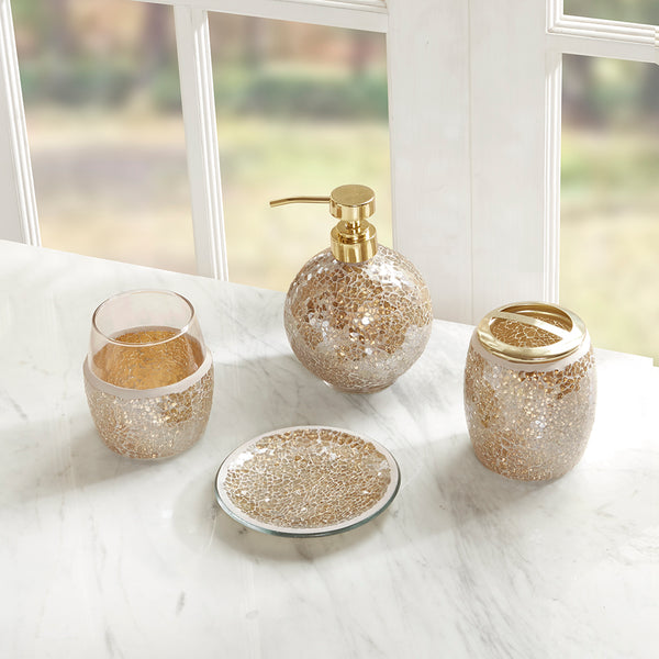JLA Home Madison Park - 4 Piece Bath Accessory Set — Crackle Glass Mosaic 4-Piece Vanity Collection, Durable Sparkling Decor MP71-4894