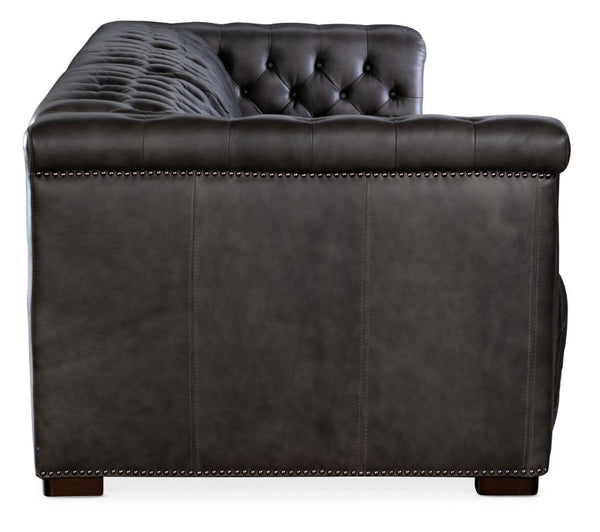 Hooker Furniture Savion Grandier Power Recliner Sofa In Giovanni Taupe Top-Grain Leather With Tufted Detail & Nailhead Trim Grey SS434-GP3-096