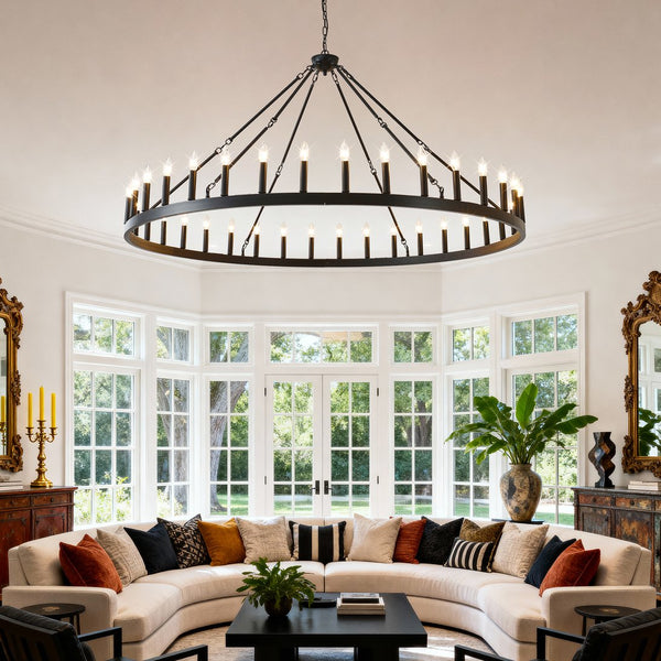 English Elm 63.8 Inch 36-light Wagon Wheel Chandelier Matte Black Farmhouse Fixture for High Ceilings W5008P388929