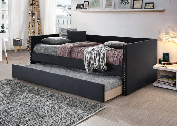 English Elm Beautiful Tufted Daybed with Nailhead Trim and Pull-Out Trundle, Modern Chic Lounge Bed for Guest Rooms Gray 42.72 L x 38.19 W x 5.51 H B011S01640