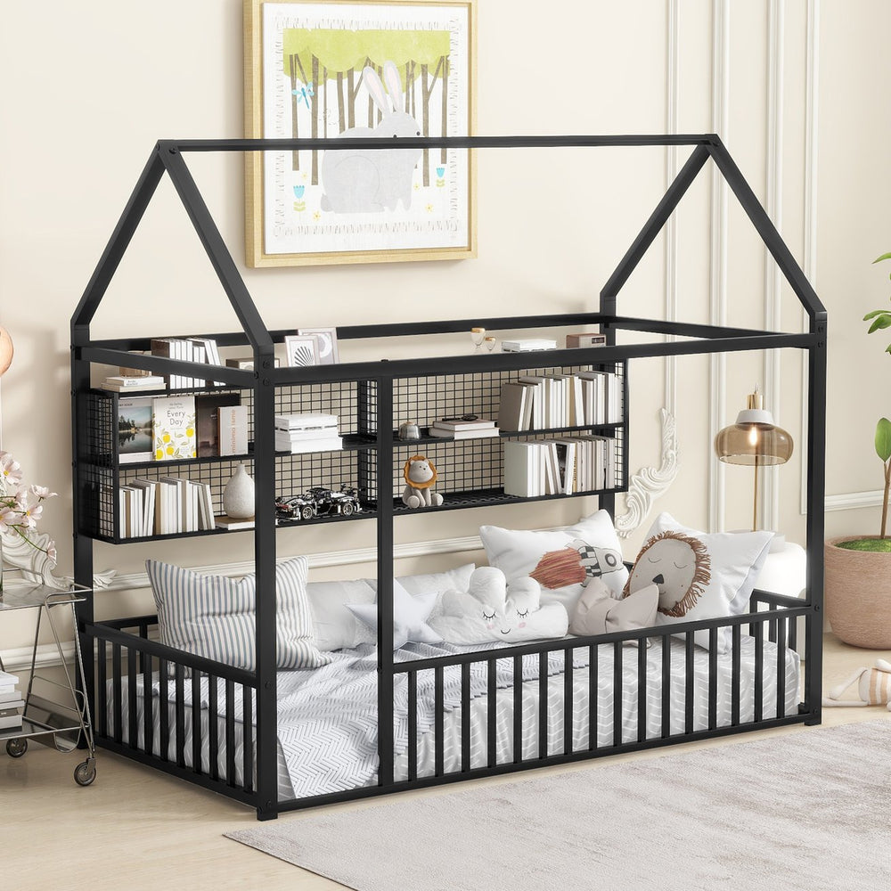 English Elm Twin House Frame Bed Powder Coated Steel with Built in Shelves for Kids Room N737P175360B