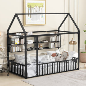 English Elm Twin House Frame Bed Powder Coated Steel with Built in Shelves for Kids Room N737P175360B