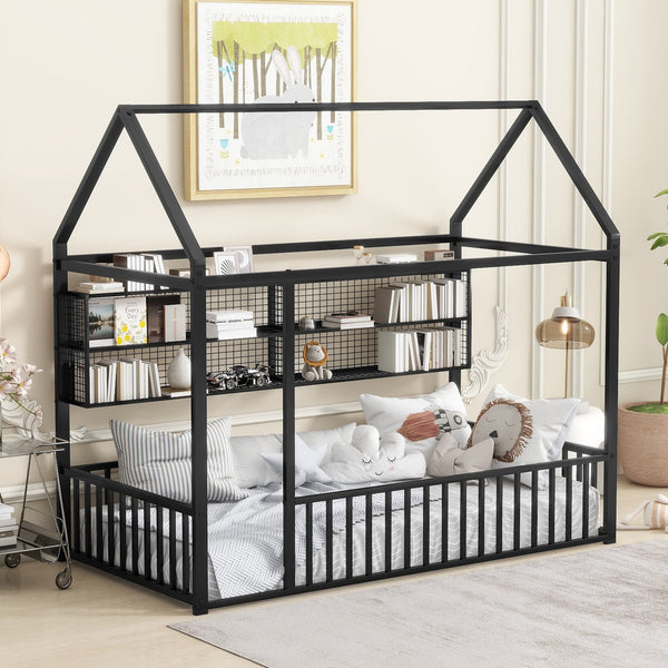 English Elm Twin House Frame Bed Powder Coated Steel with Built in Shelves for Kids Room N737P175360B