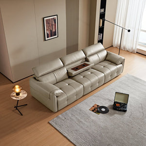English Elm Genuine Top-grain Leather Three-seat Sofa with Reclining Backrests and Center Storage Beige White W1765S00132