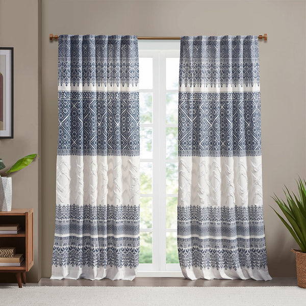JLA Home INK+IVY - Cotton Boho Printed Curtain Panel with Tufted Chenille Detail, Lined, OEKO-TEX, Light-Filtering Privacy II40-1182