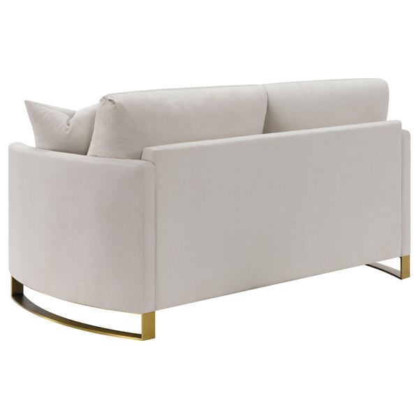 English Elm Rufo Beige Fabric Loveseat with Gold Steel Legs Arched Arms and Feather Cushions B062P357784