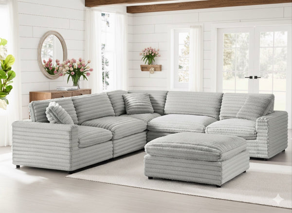 English Elm Jenny 6-Piece Modular Sectional in Plush Gray Cord-Like Polyester — Hardwood Frame, Down-Blend Comfort B050S00022