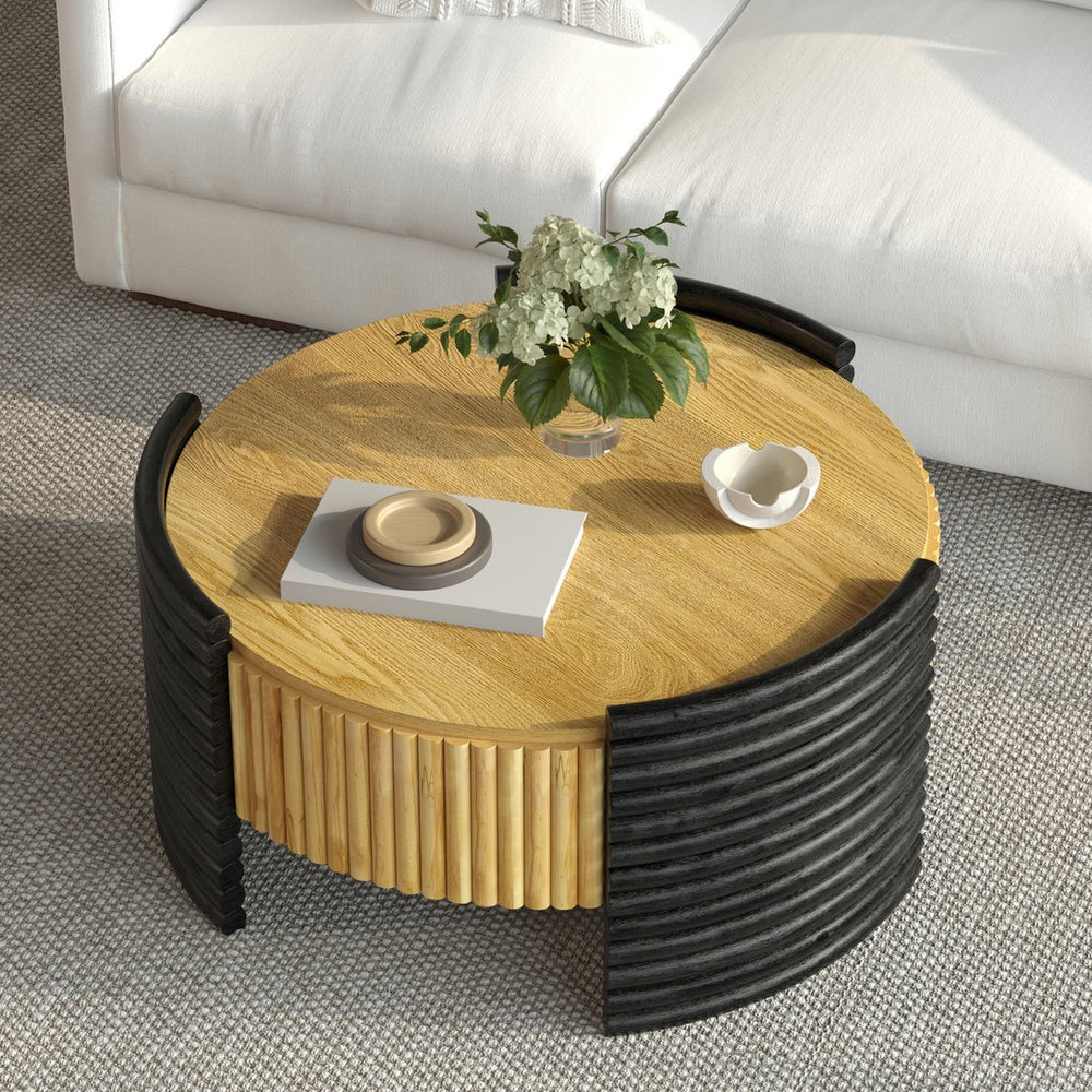 English Elm 31.50" Round Flip-top Storage Coffee Table Fluted Mdf Base for Modern Living Rooms Wood W757P383553