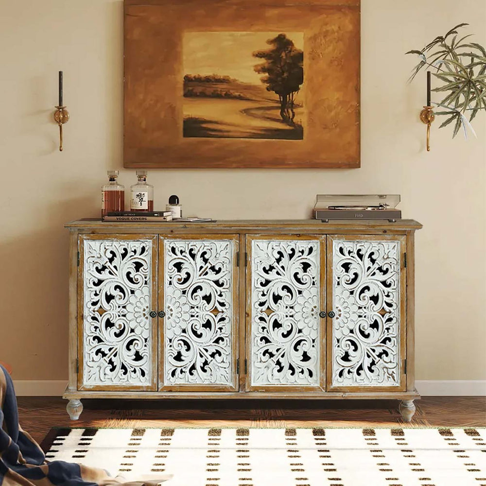 English Elm Accent Distressed Cabinet with 4 Doors - Farmhouse Sideboard Buffet, Carved Floral Fronts, Slim Storage for Entryway W2295P246504