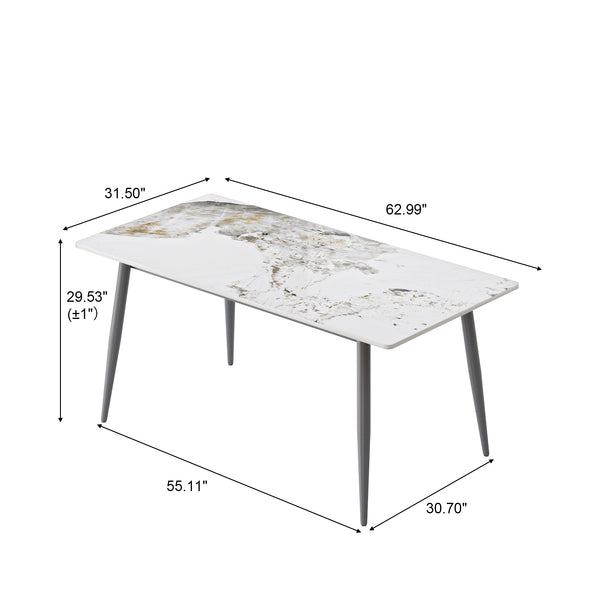 English Elm 62.99" Modern Artificial Stone Dining Table For 6 - Sleek White Top With Dark Grey Metal Legs W1535S00505