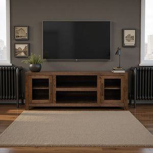 English Elm Haven 65" TV Stand Oak Bourbon with Glass Doors, No Assembly, Cable Management, Solid Oak Veneer B108P364413