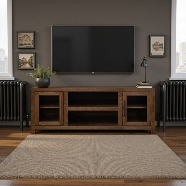 English Elm Haven 65" TV Stand Oak Bourbon with Glass Doors, No Assembly, Cable Management, Solid Oak Veneer B108P364413