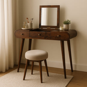 English Elm Chestnut Solid Wood Dressing Table with Mirror, Nordic Legs, 2 Drawers & Storage Compartments, Elegant Finish B182P166572