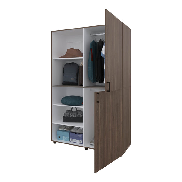 English Elm Grey Walnut Two-Door Wardrobe with Open Shelves, Concealed Storage, Modern Melamine Finish Elegant contrast and space-saving design for bedroom organization B062S01381