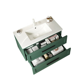 English Elm JODI 36" Floating Bathroom Vanity with Ceramic Sink, 2 Soft-Close Drawers, Wall-Mounted Green Finish W2615S00064