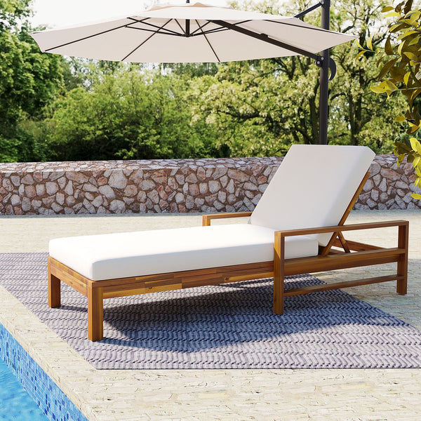 English Elm U_style Solid Acacia Slatted Reclining Lounge Chair for Poolside Patio Garden Use Natural+Beige WY000433AAA