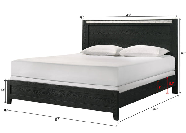 English Elm 1pc Queen Panel Bed with Faux Marble Accents and Upholstered Headboard for Contemporary Retreat Black,White 65.67 L x 30 W x 4.96 H B2741S00589