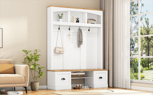 English Elm On-Trend Farmhouse 4-In-1 Hall Tree With Stylish Storage Bench, Hooks, And Adjustable Shelves, White N721S000038K