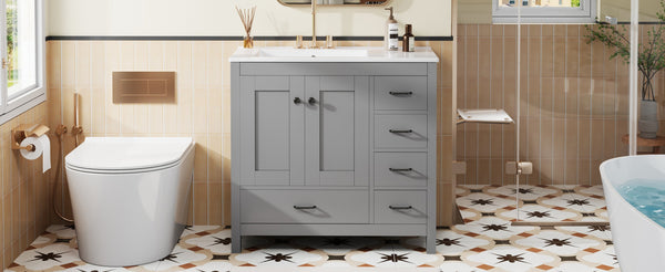 English Elm 36" Gray Bathroom Vanity with Ceramic Sink, 5 Drawers & Soft-Close Doors, Solid Wood Modern Storage N729P183735E