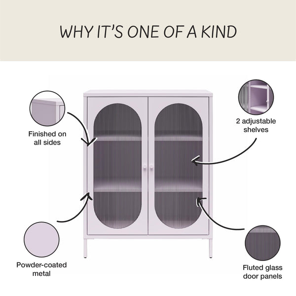 English Elm Luna Short 2-Door Metal Accent Cabinet with Oval Fluted Glass Doors, 3 Shelves, Modern Storage Solution B2733P385746