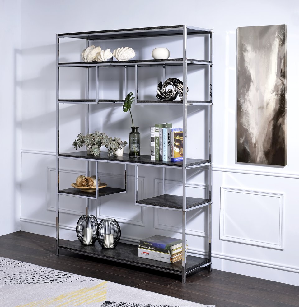 English Elm Vonara Rustic Gray Oak Bookshelf with Chrome Frame — 7 Open Shelves, Etagere Style Storage Appeal B2726P256367