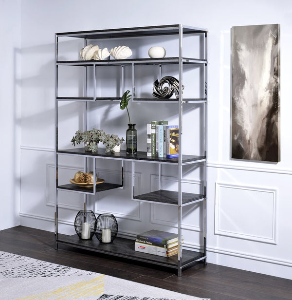 English Elm Vonara Rustic Gray Oak Bookshelf with Chrome Frame — 7 Open Shelves, Etagere Style Storage Appeal B2726P256367