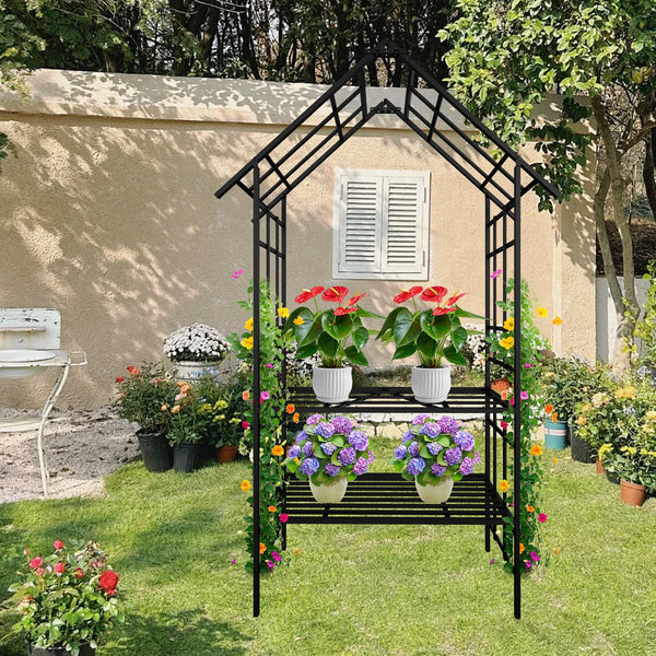 English Elm Metal Garden Arch Bench with Trellis Grid for Climbing Roses and Outdoor Spaces W1586P278441